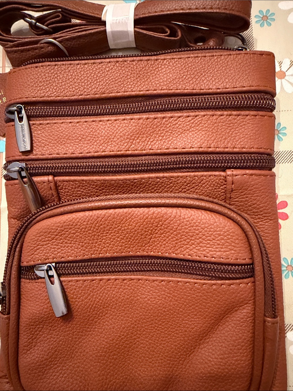 Womens Crossbody Shoulder Bag in Brown - Slim Multi-Zip Travel Pouch - Picture 5 of 5